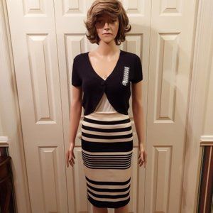 Jeanne Pierre Black Shrug w/Rainbow Black/Cream Stripe Pencil Skirt Size S NWT